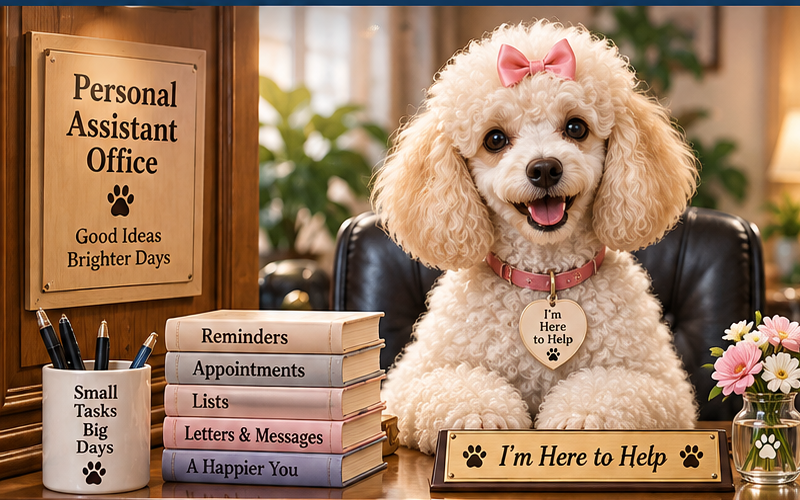 A friendly poodle personal assistant sitting at a desk